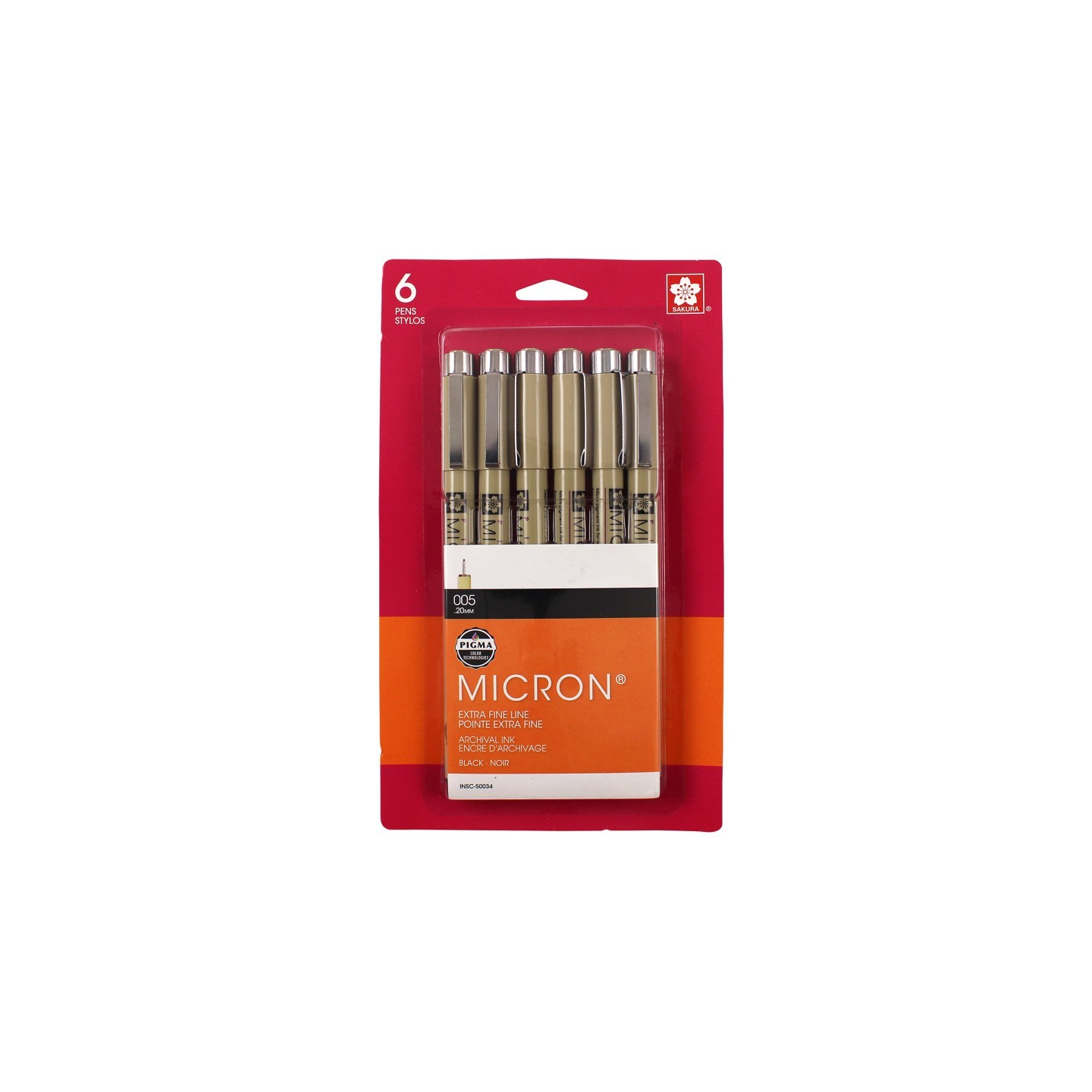 Sakura Pigma Micron Pens, Black, Size 005, 6-Pack, Blister Card