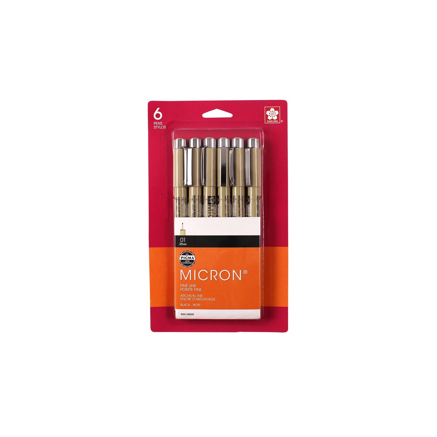 Sakura Pigma Micron Pens, Black, Size 01, 6-Pack, Blister Card