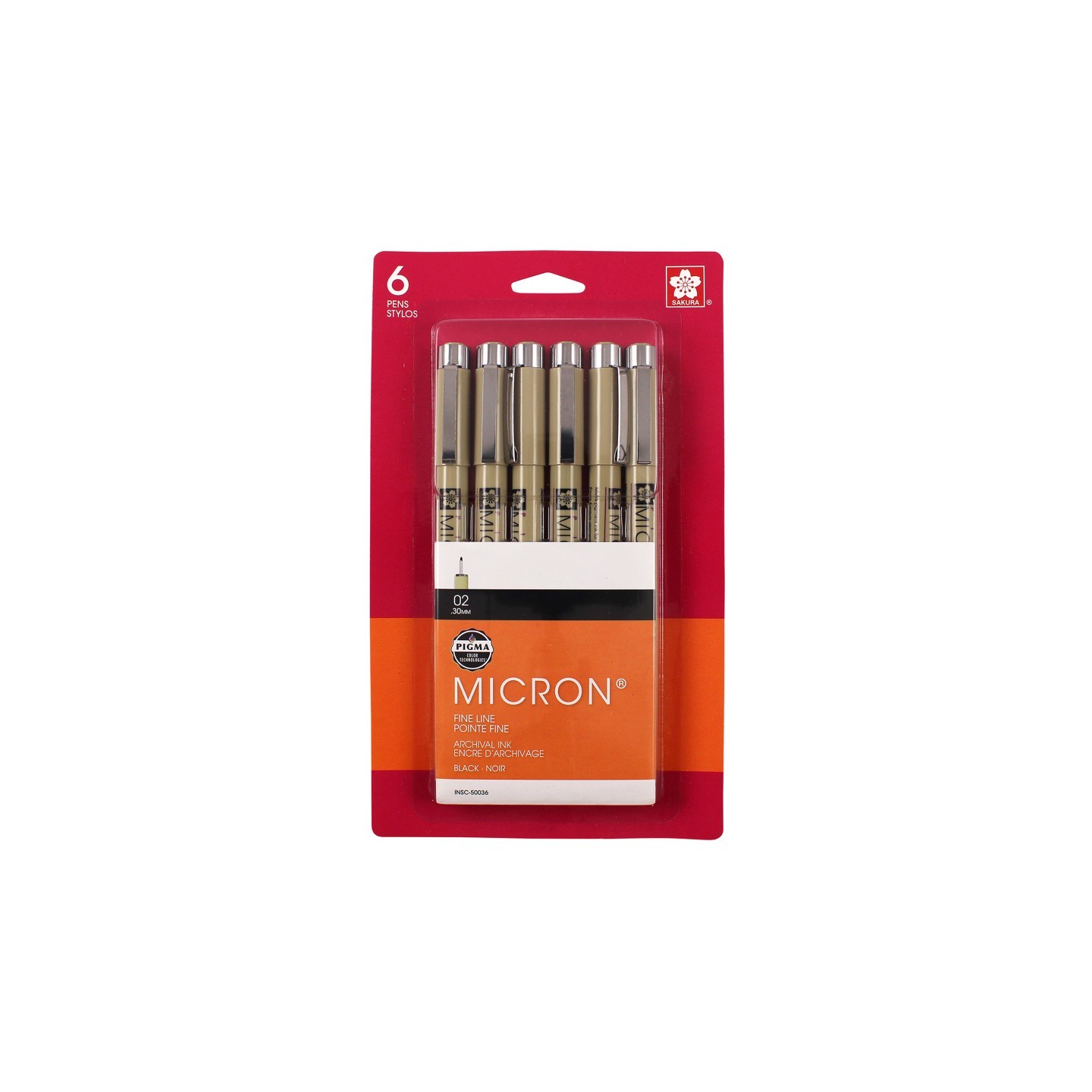 Sakura Pigma Micron Pens, Black, Size 02, 6-Pack, Blister Card