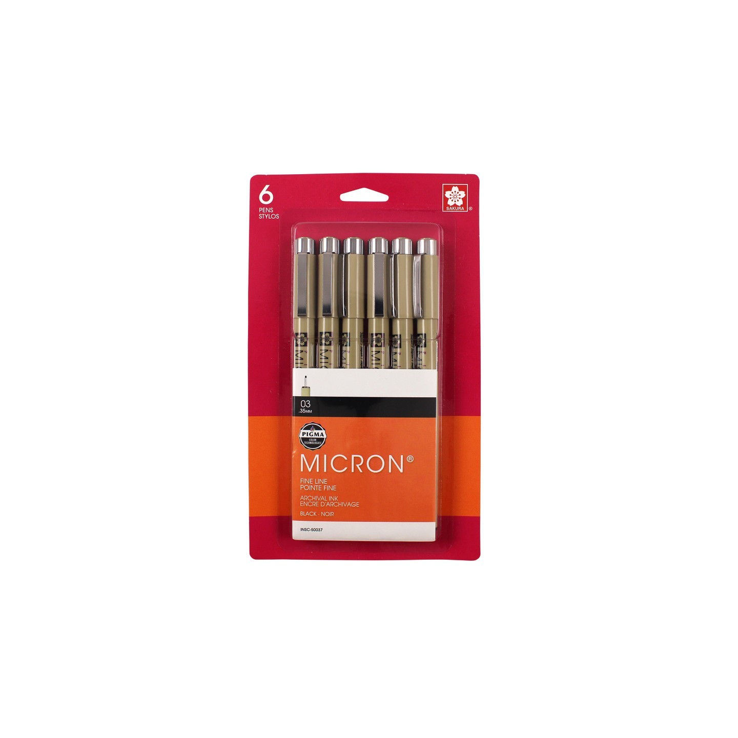 Sakura Pigma Micron Pens, Black, Size 03, 6-Pack, Blister Card