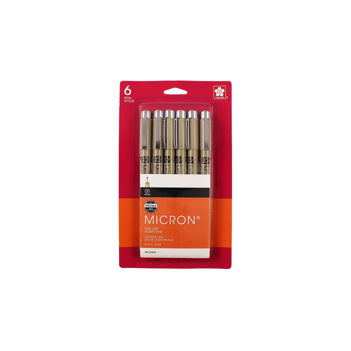 Sakura Pigma Micron Pens, Black, Size 05, 6-Pack, Blister Card