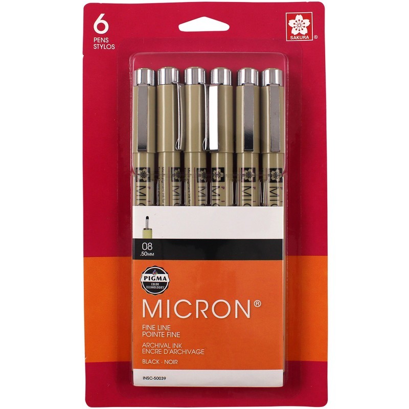 Sakura Pigma Micron Pens, Black, Size 08, 6-Pack, Blister Card