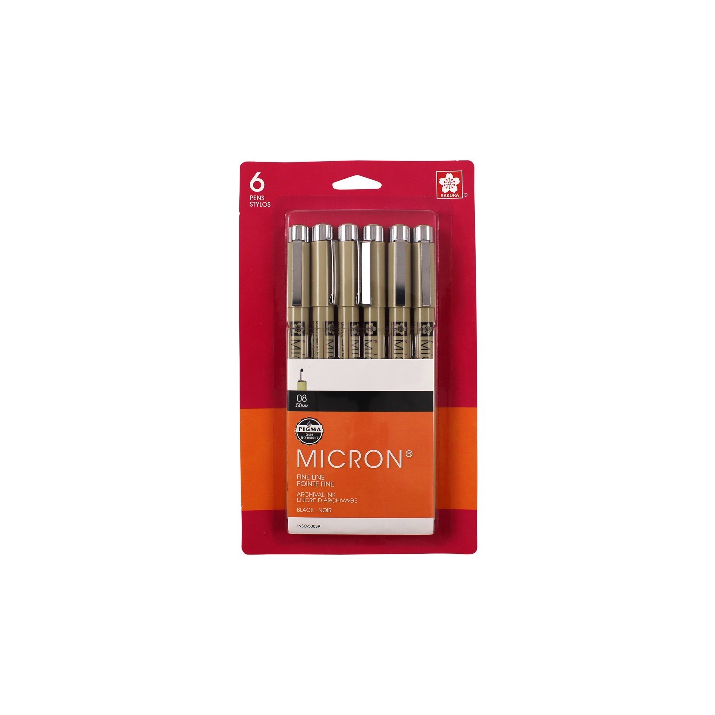 Sakura Pigma Micron Pens, Black, Size 08, 6-Pack, Blister Card