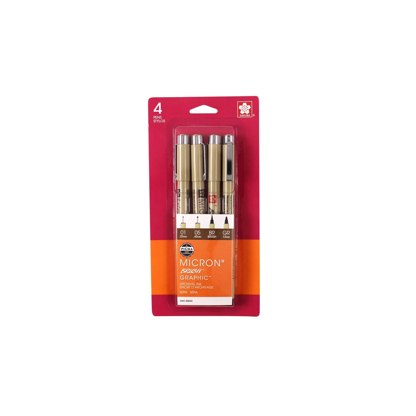Sakura Pigma Drawing Pens, Sepia, Assorted Sizes, 4-Piece Set, Blister Card