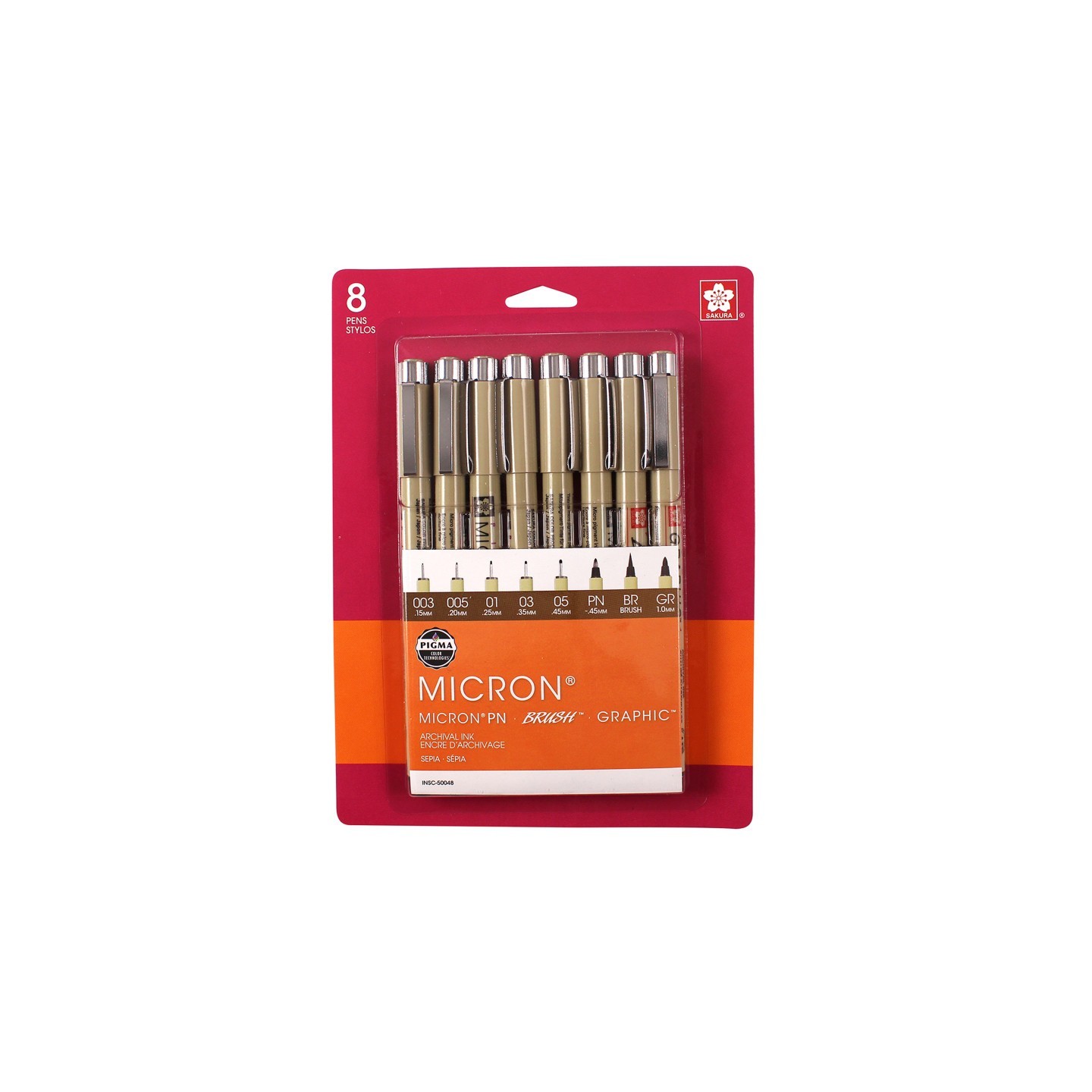 Sakura Pigma Micron Pens, Sepia, Assorted Sizes, 8-Piece Set, Blister Card