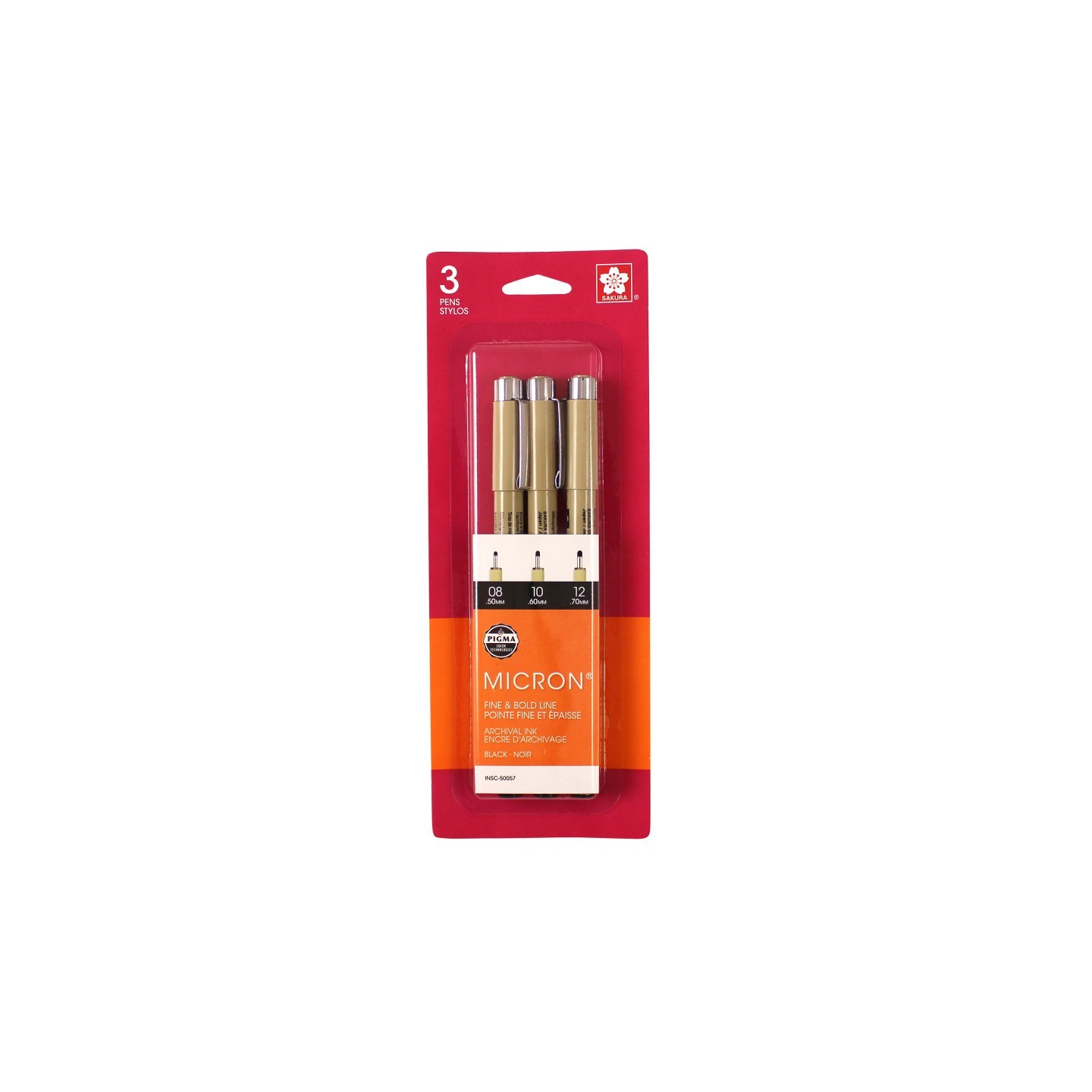 Sakura Pigma Micron Pens, Black, Assorted Sizes, 3-Piece Set, Blister Card