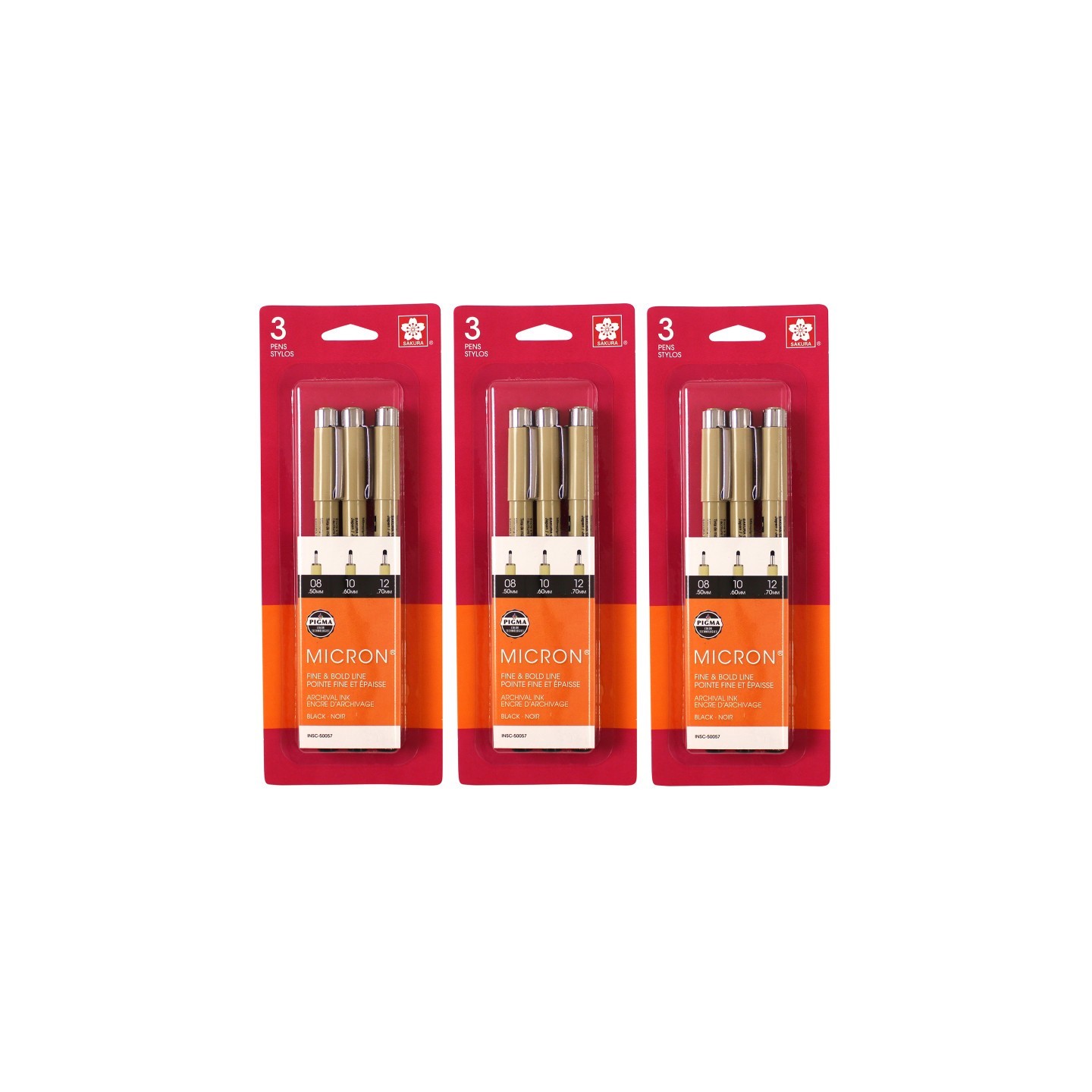 Sakura Pigma Micron Pens, Black, Assorted Sizes, 3 Per Set, 3 Sets