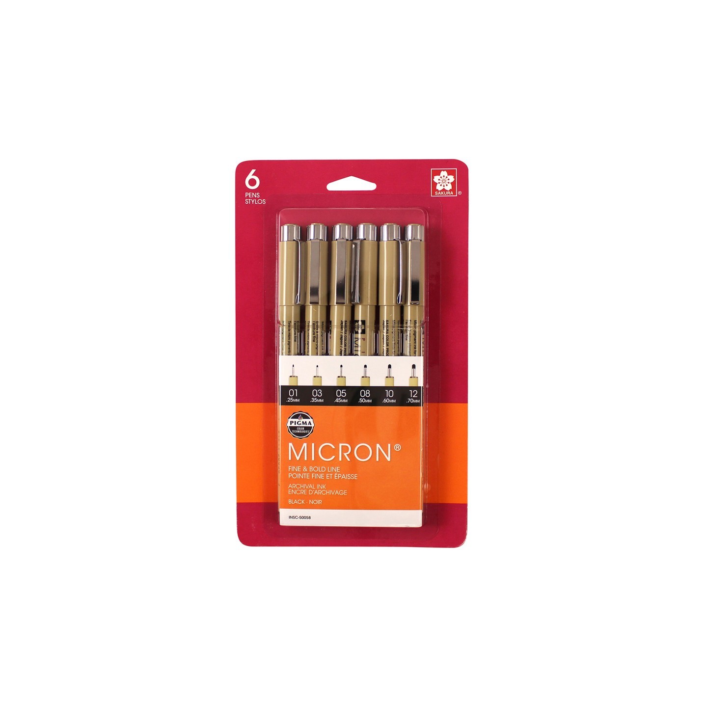 Sakura Pigma Micron Pens, Black, Assorted Sizes, 6-Pack, Blister Card