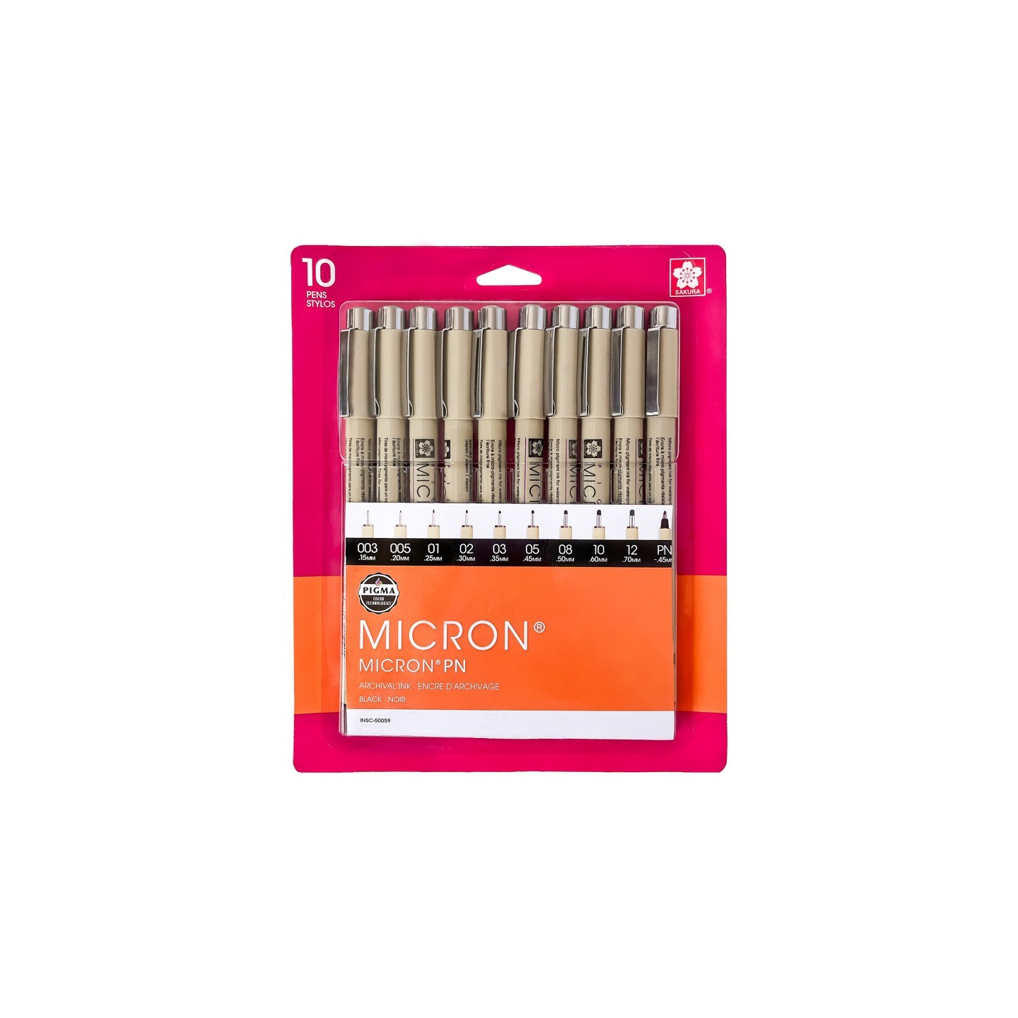 Sakura Pigma Micron Pens, Black, Assorted Sizes, 10-Pack, Blister Card
