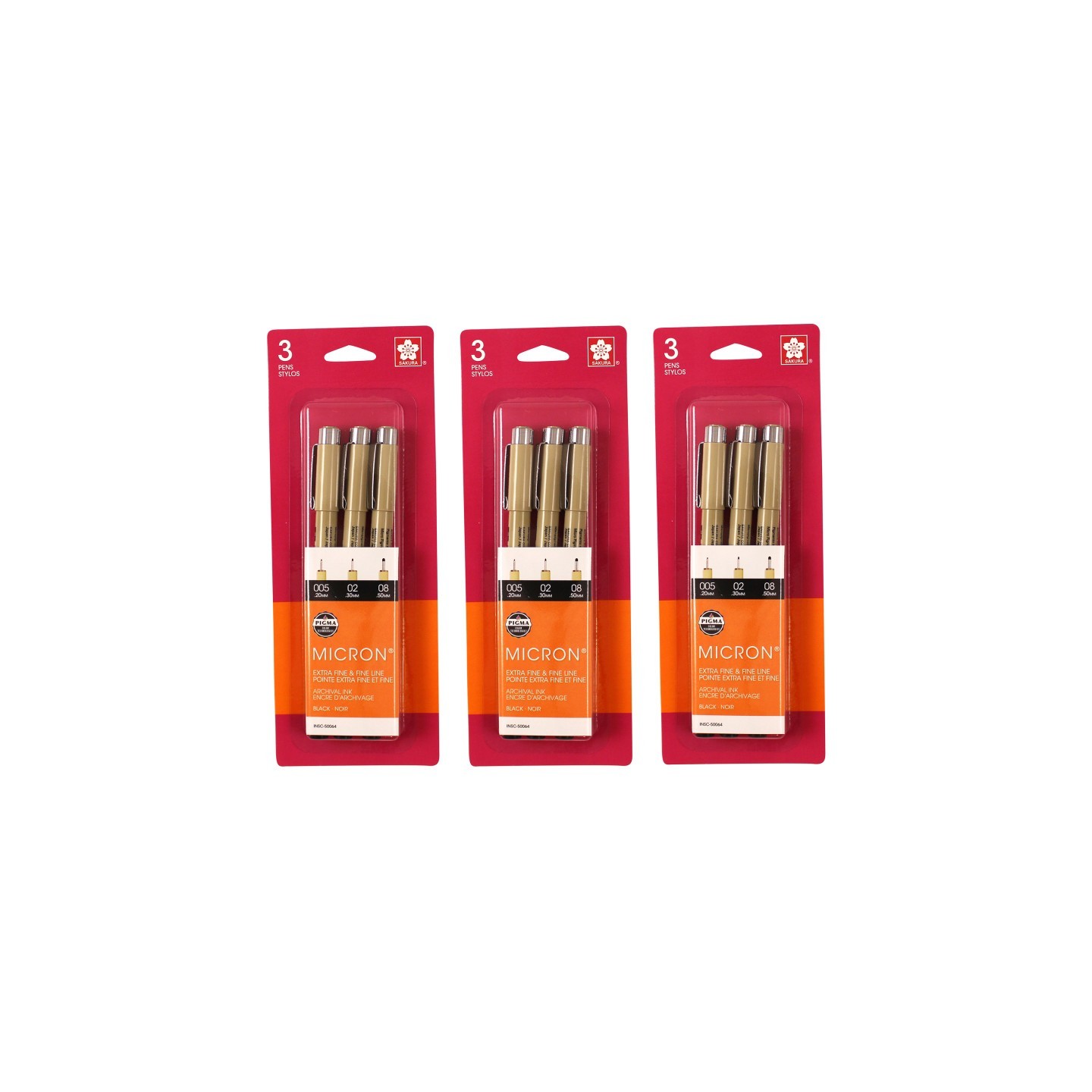Sakura Pigma Micron Pens, Black, Assorted Sizes, 3 Per Pack, 3 Packs