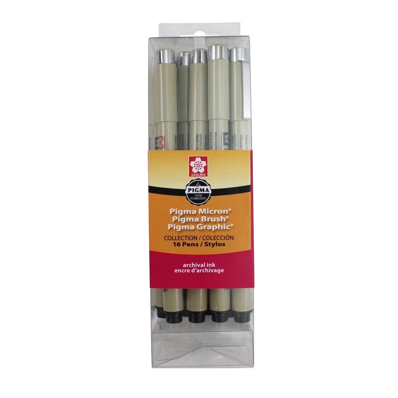 Sakura Pigma Pens, Cube Collection, Black, Assorted Sizes, 16-Piece Set