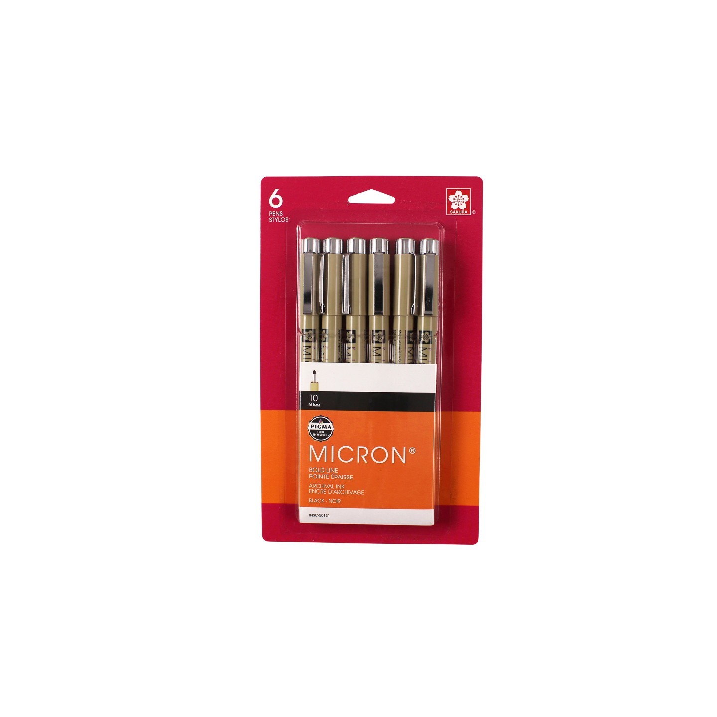 Sakura Pigma Micron Pens, Black, Size 10, 6-Pack, Blister Card