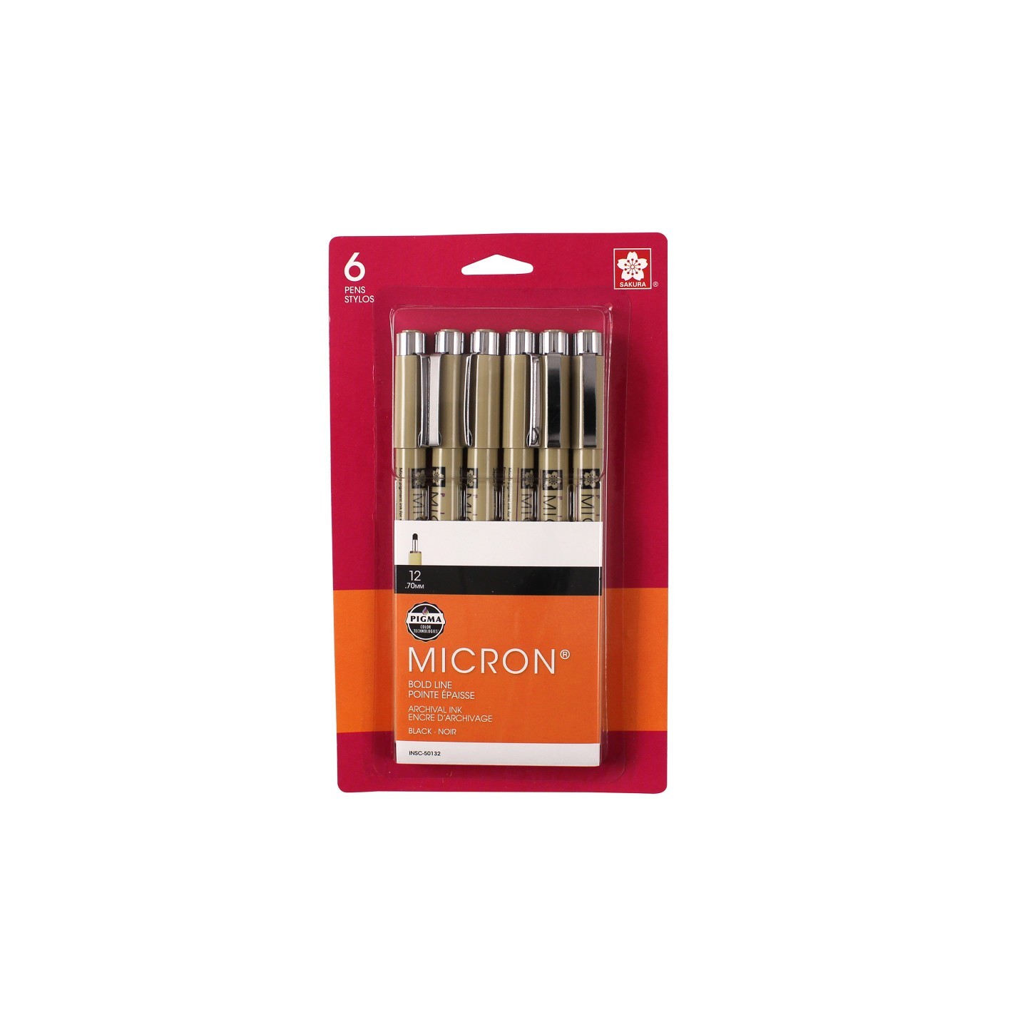 Sakura Pigma Micron Pens, Black, Size 12, 6-Pack, Blister Card