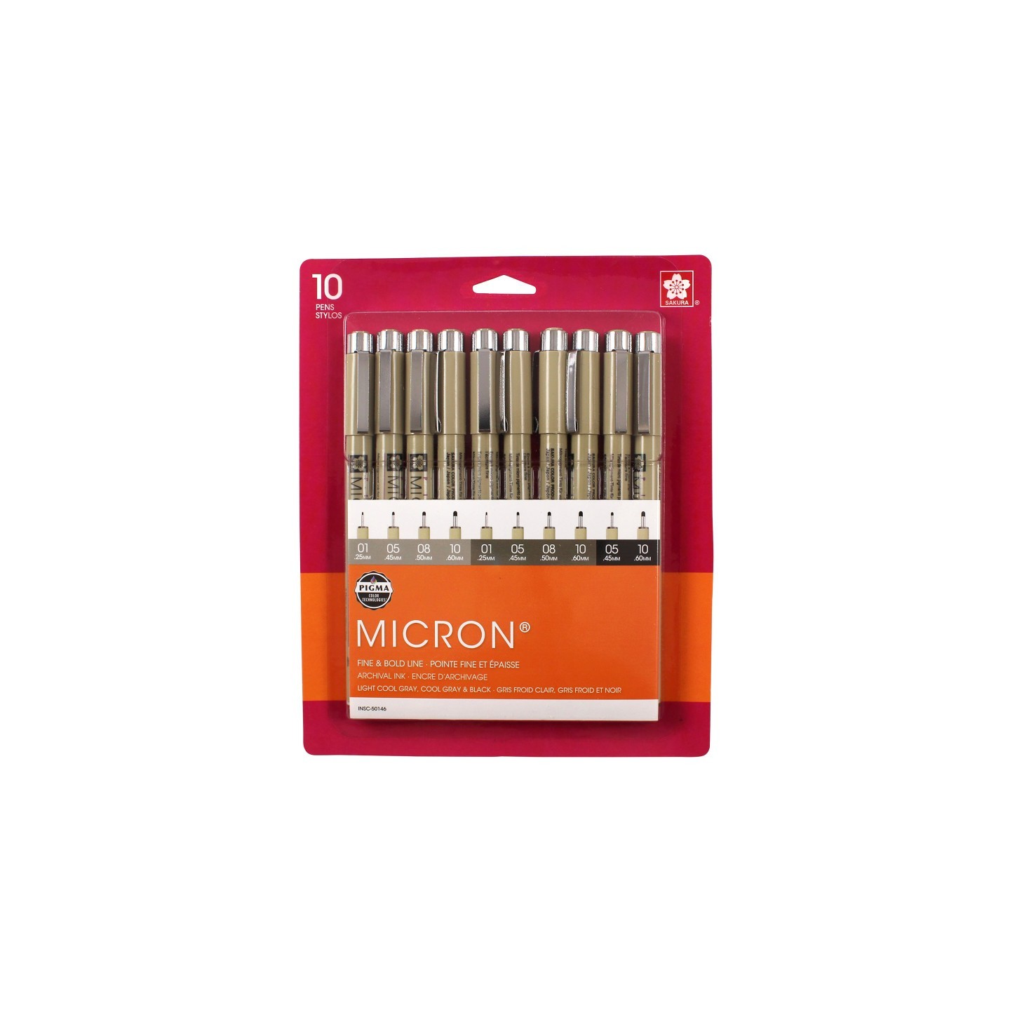 Sakura Pigma Micron Pens, Black & Grays, Assorted Sizes, 10-Piece Set, Blister Card