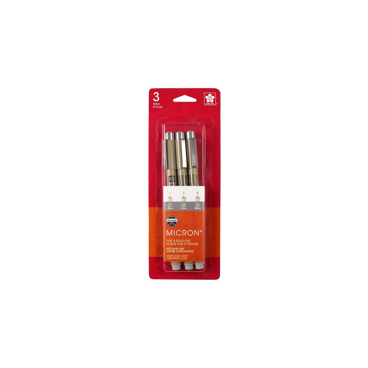 Sakura Pigma Micron Pens, Light Cool Gray, Assorted Sizes, 3-Piece Set, Blister Card