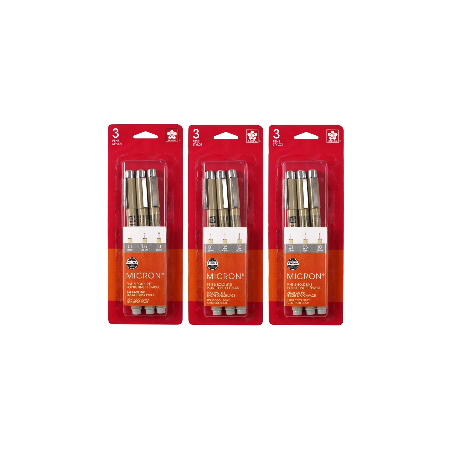Sakura Pigma Micron Pens, Light Cool Gray, Assorted Sizes, 3 Per Set, 3 Sets