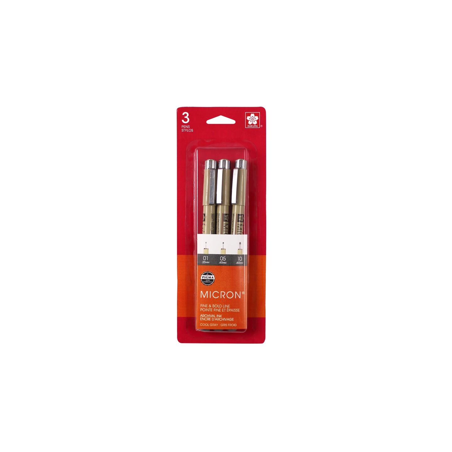 Sakura Pigma Micron Pens, Cool Gray, Assorted Sizes, 3-Piece Set, Blister Card