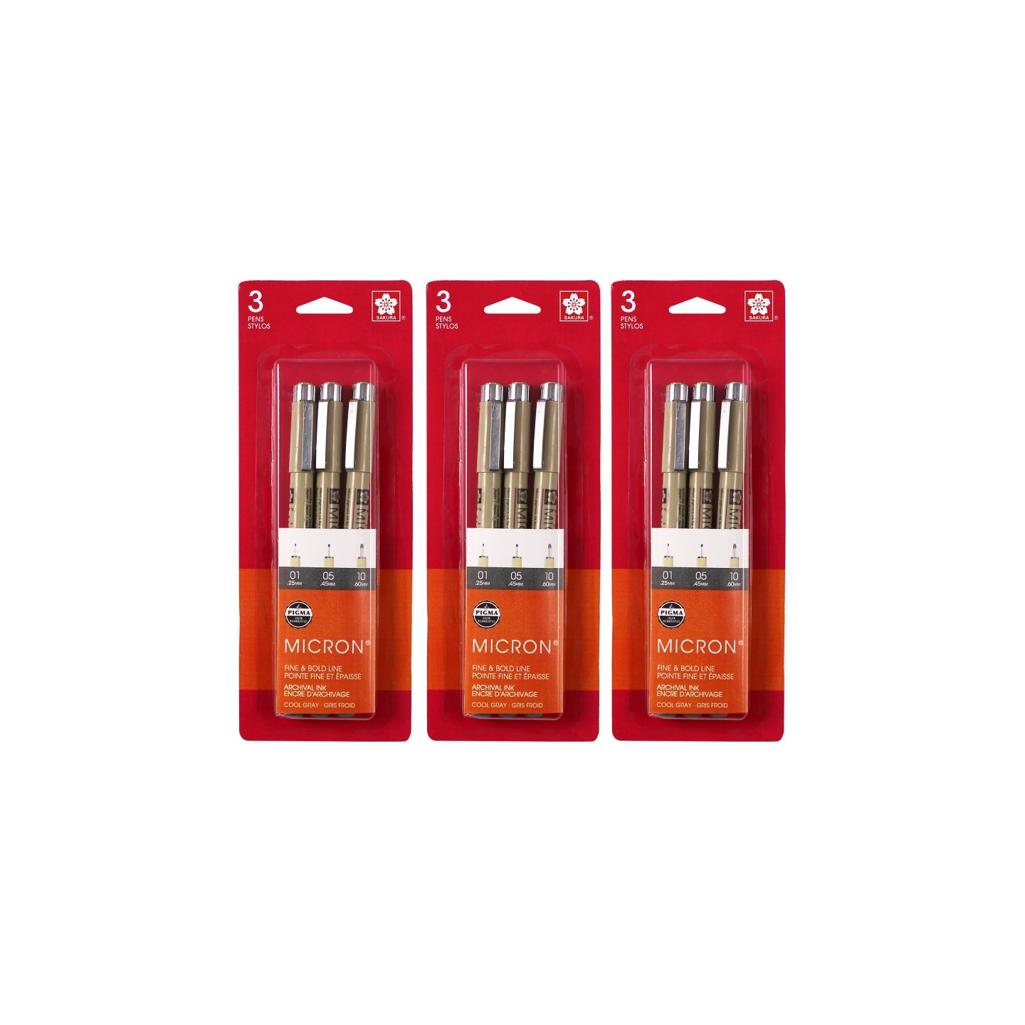 Sakura Pigma Micron Pens, Cool Gray, Assorted Sizes, 3 Per Set, 3 Sets