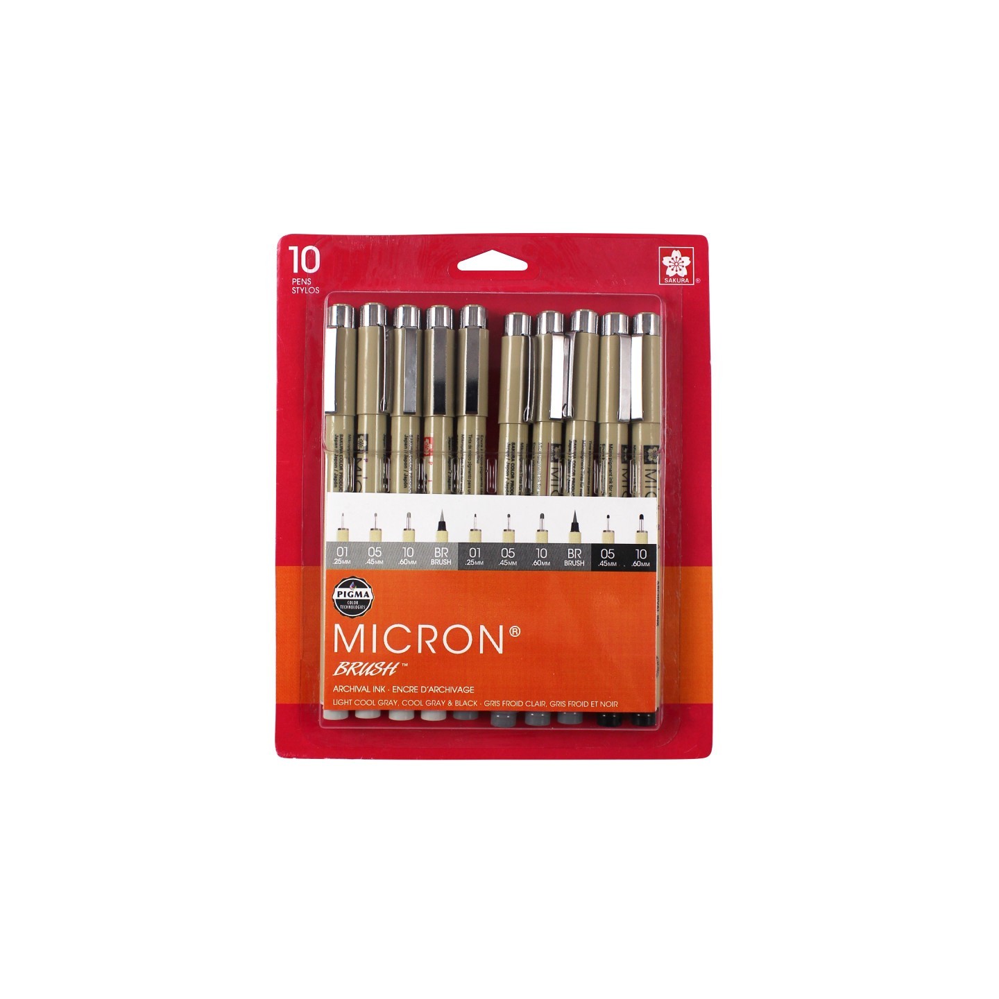 Sakura Pigma Micron Pens, Black & Grays, Assorted Sizes, 10-Piece Set, Blister Card