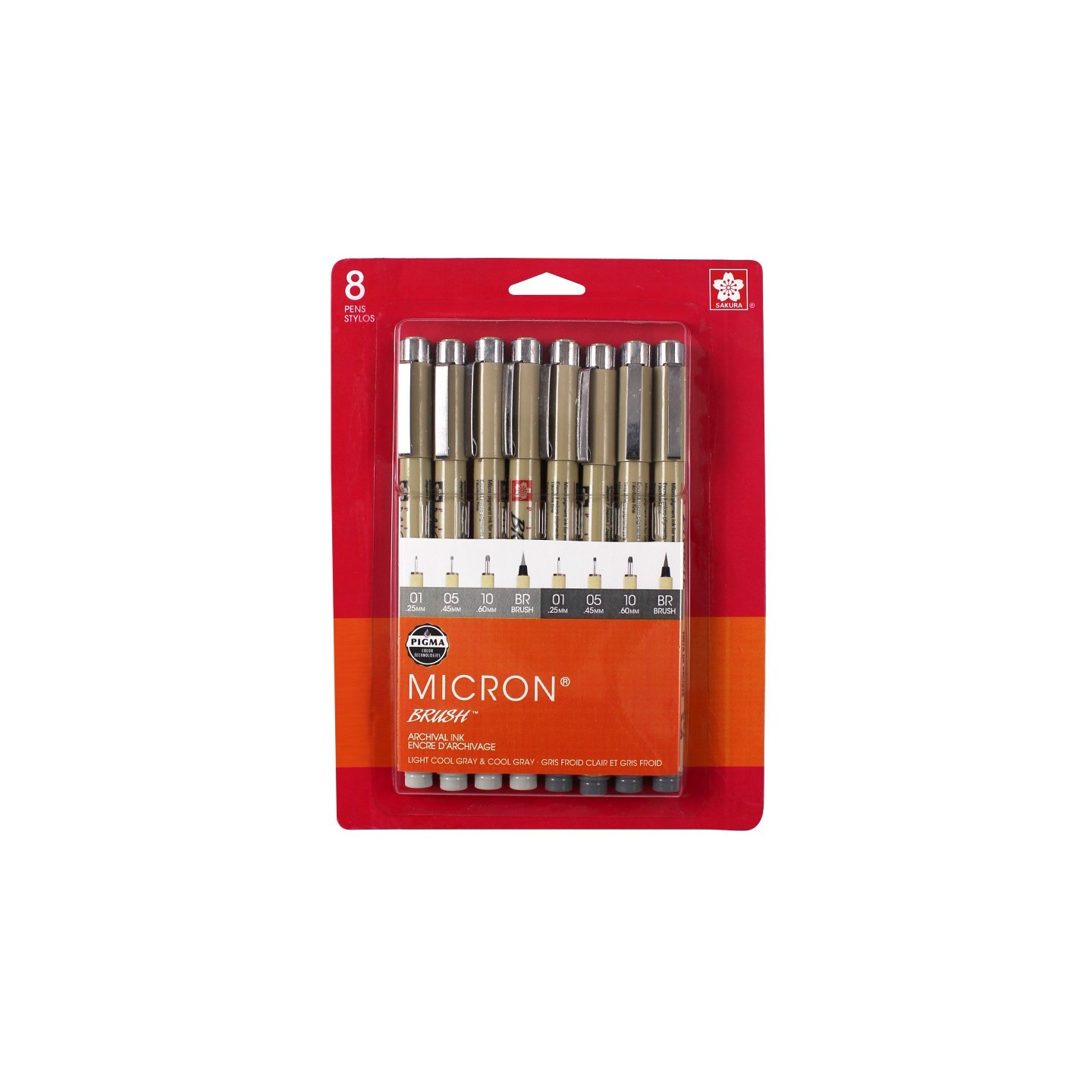 Sakura Pigma Micron Pens, Grays, Assorted Sizes, 8-Piece Set, Blister Card