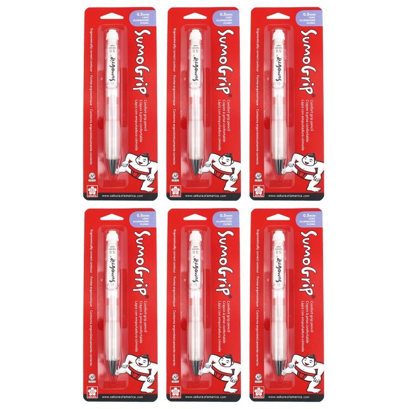 Sakura SumoGrip Comfort Grip Mechanical Pencil, 0.5mm, White, Blister Card, Pack of 6