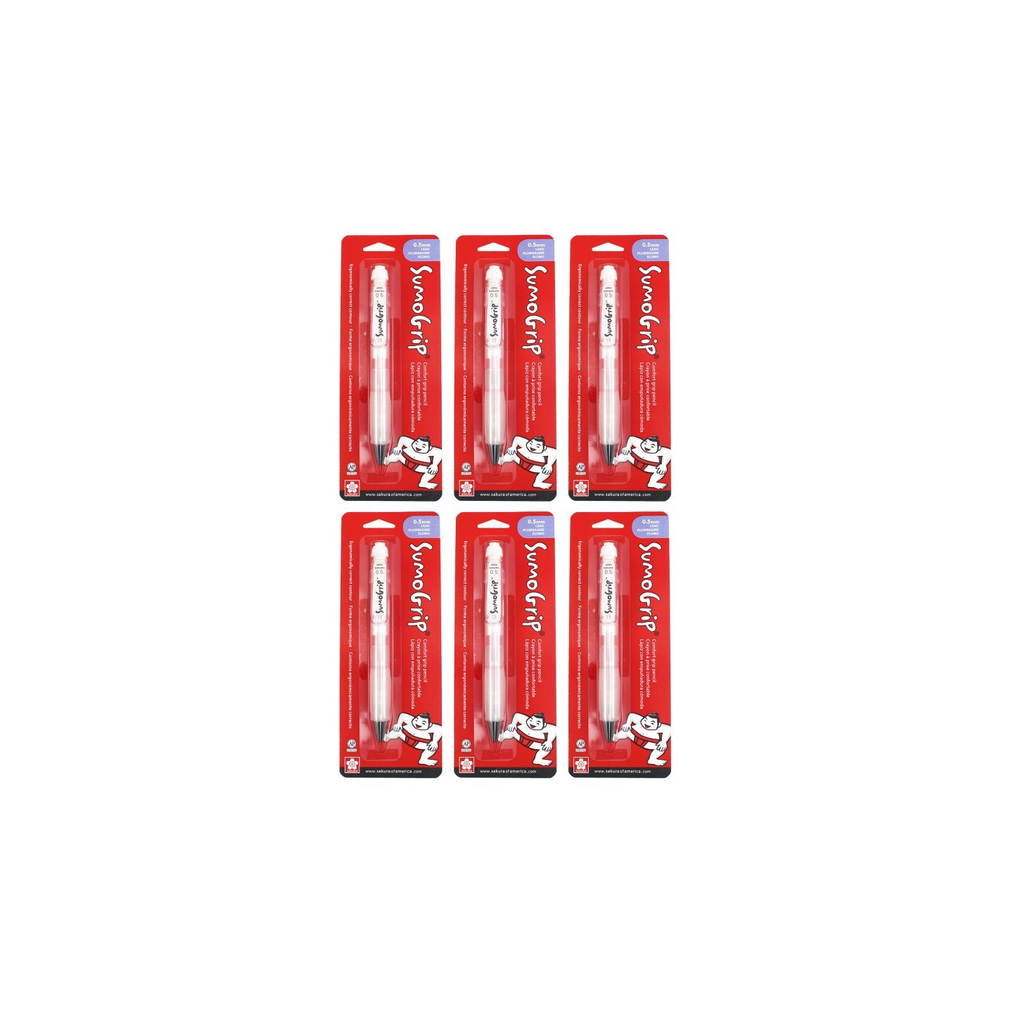 Sakura SumoGrip Comfort Grip Mechanical Pencil, 0.5mm, White, Blister Card, Pack of 6