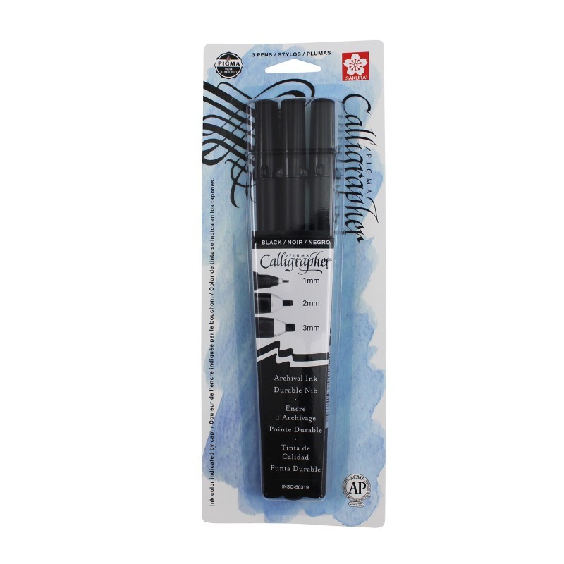 Sakura Pigma Calligrapher, Black, Assorted Sizes, 3-Piece Set, Blister Pack