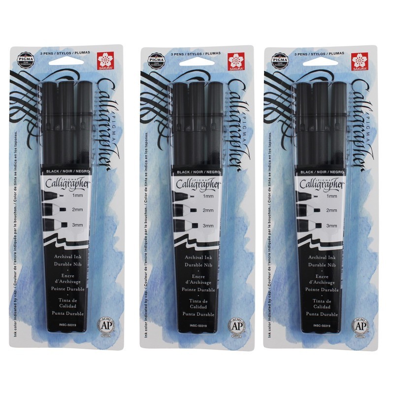 Sakura Pigma Calligrapher, Black, Assorted Sizes, 3 Per Set, 3 Sets