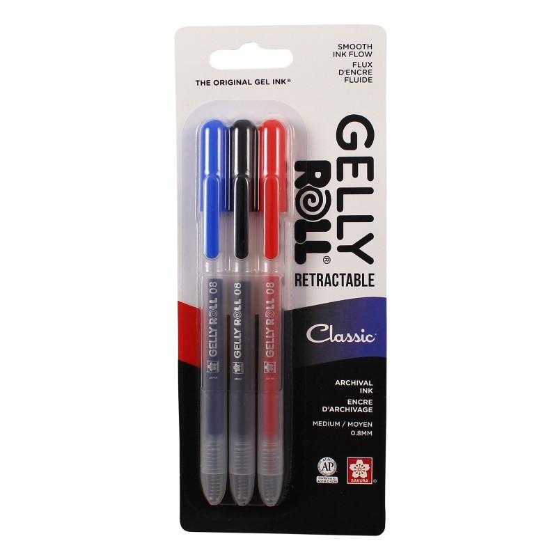 Sakura Retractable Classic Gel Pens, 08 Medium Point, Assorted Colors, 3-Pack, Blister Card