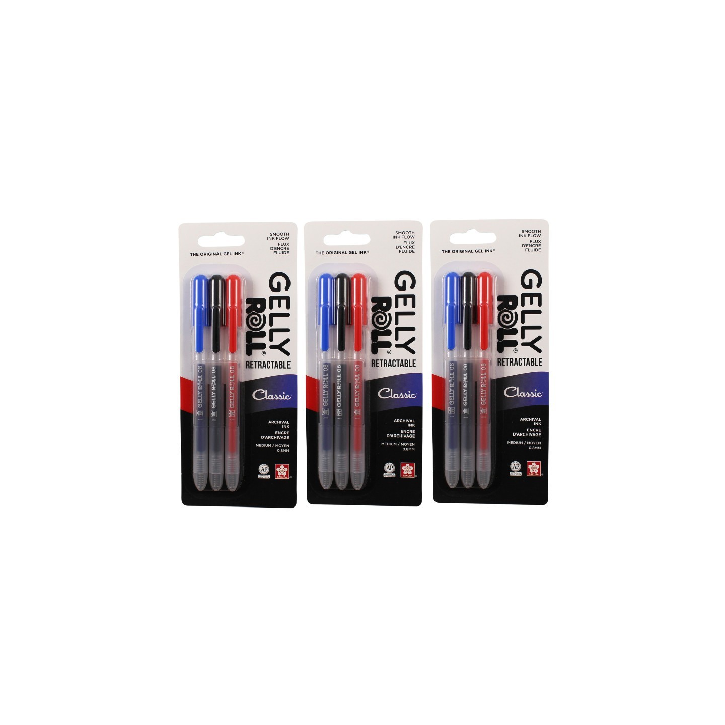 Sakura Retractable Classic Gel Pens, 08 Medium Point, Assorted Colors, 3 Per Set, 3 Sets
