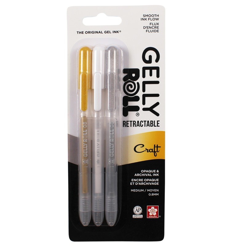 Sakura Retractable Craft Gel Pens, 08 Medium Point, Assorted Colors, 3-Pack, Blister Card