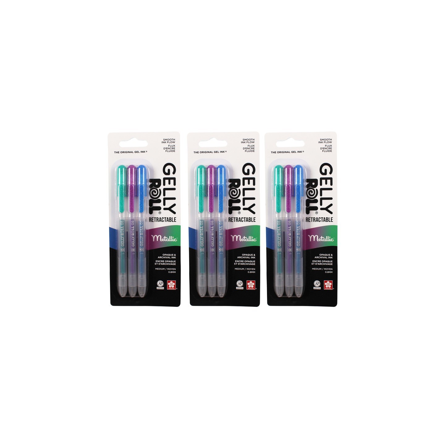 Sakura Retractable Metallic Gel Pens, 08 Medium Point, Assorted Colors, 3 Per Set, 3 Sets