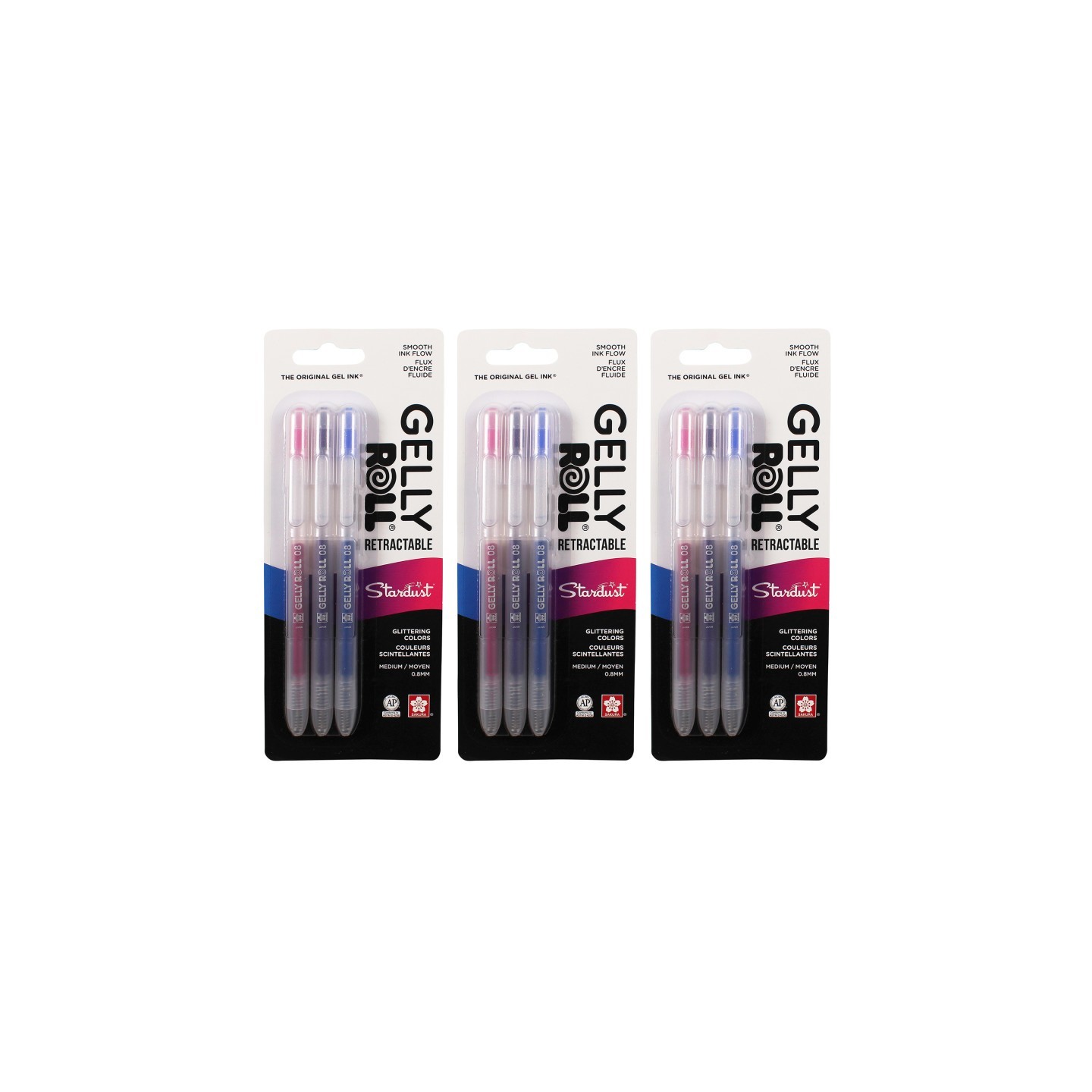 Sakura Retractable Stardust Gel Pens, 08 Medium Point, Assorted Colors, 3 Per Set, 3 Sets