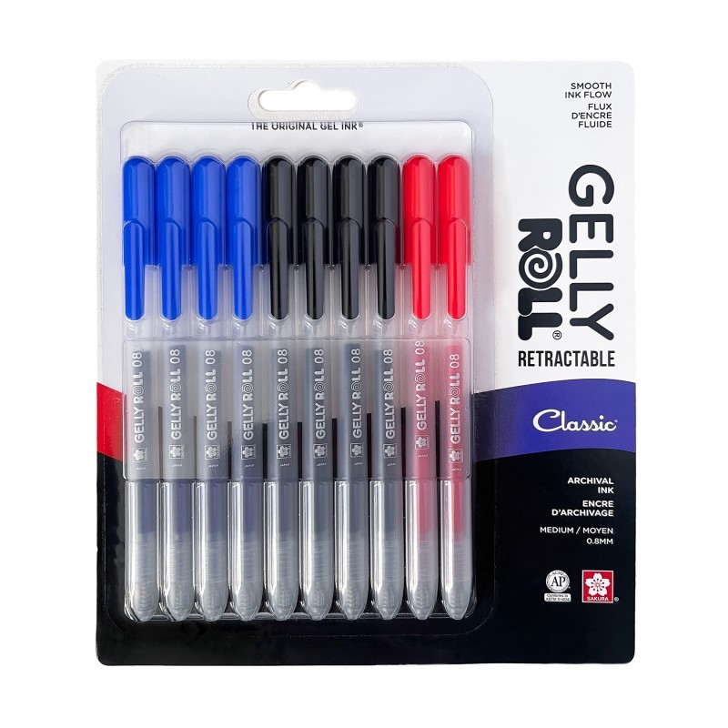 Sakura Retractable Classic Gel Pens, 08 Medium Point, Assorted Colors, 10-Pack, Blister Card