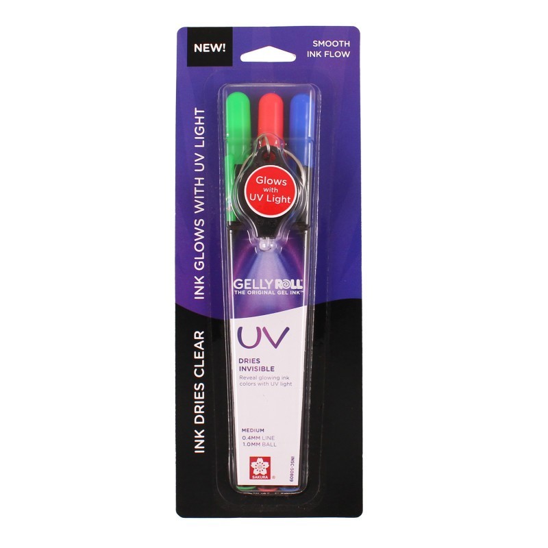Sakura UV Gel Pens, Medium Point, Assorted Colors, 3-Piece Set with UV light, Blister Card