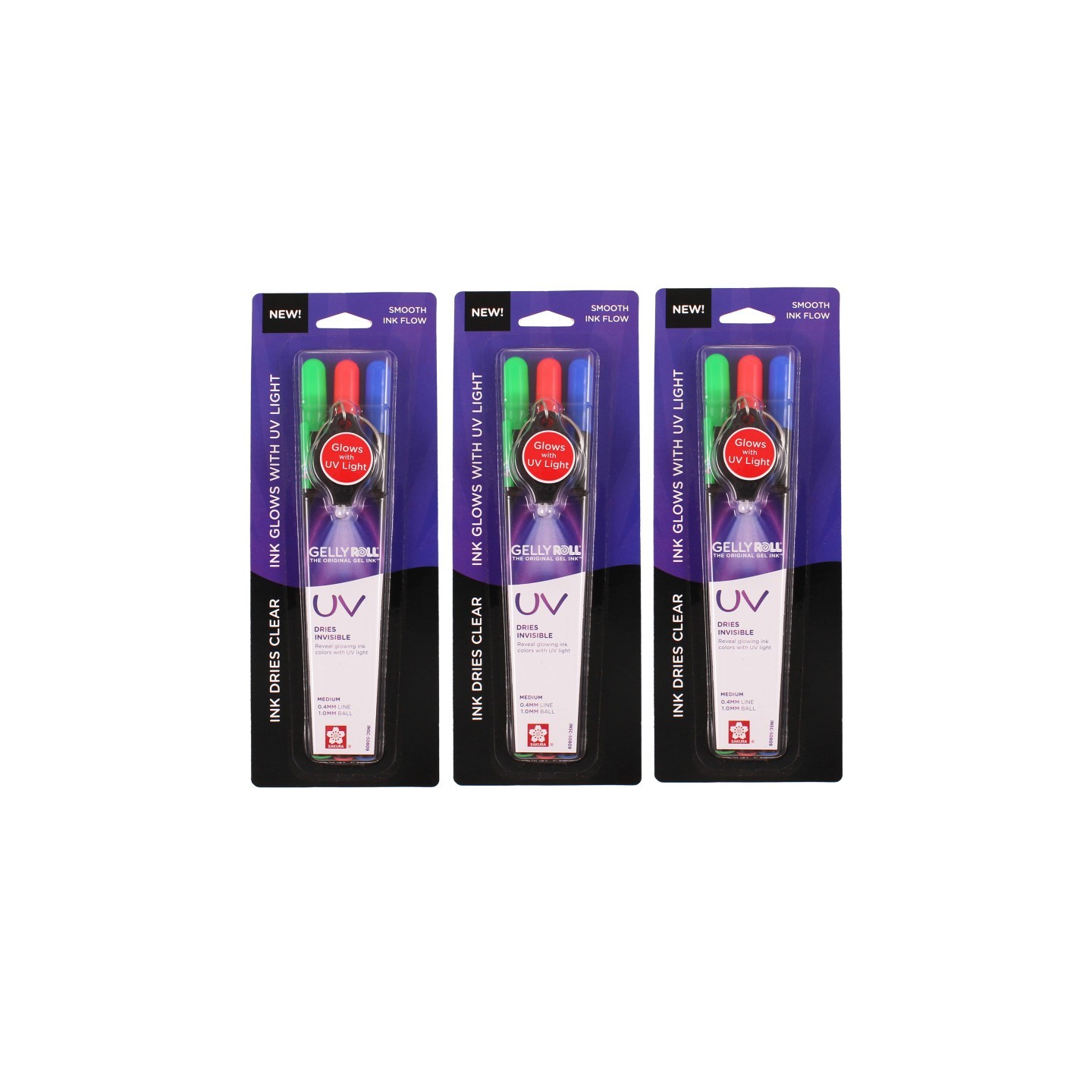 Sakura UV Gel Pens, Medium Point, Assorted Colors, 3 Per Set with UV Light, 3 Sets