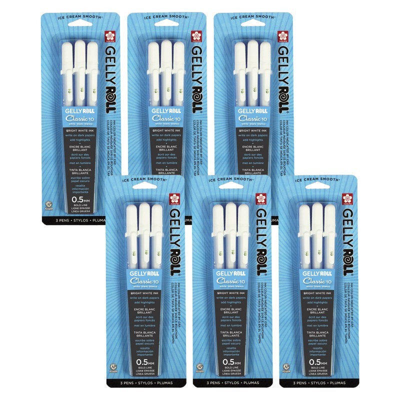 Sakura Gelly Roll Classic Gel Ink Pens, 10 Bold, White, 3 Per Pack, 6 Packs