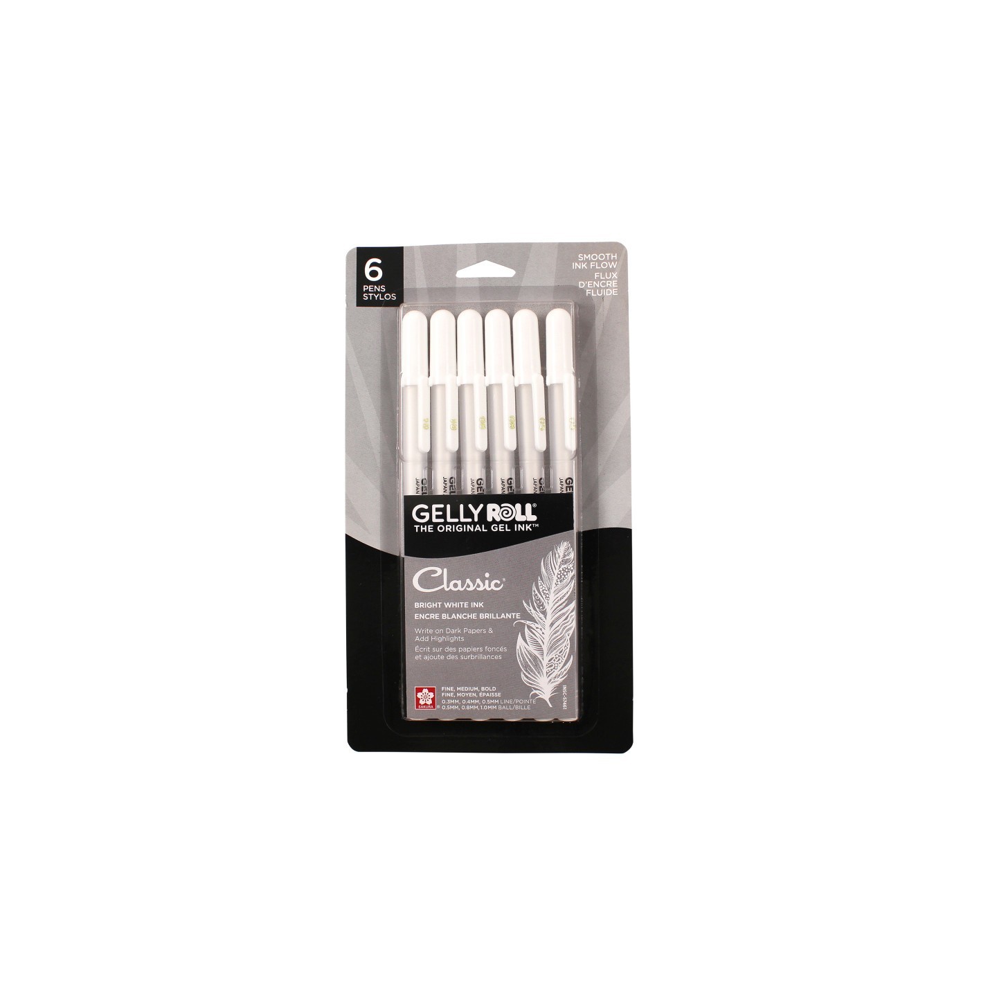 Sakura Classic Gel Pens, Assorted Sizes, White, 6-Pack, Blister Card