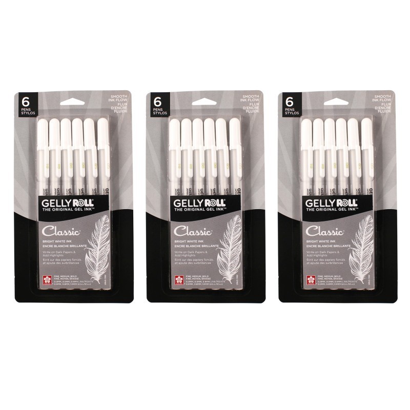 Sakura Classic Gel Pens, Assorted Sizes, White, 6 Per Set, 3 Sets