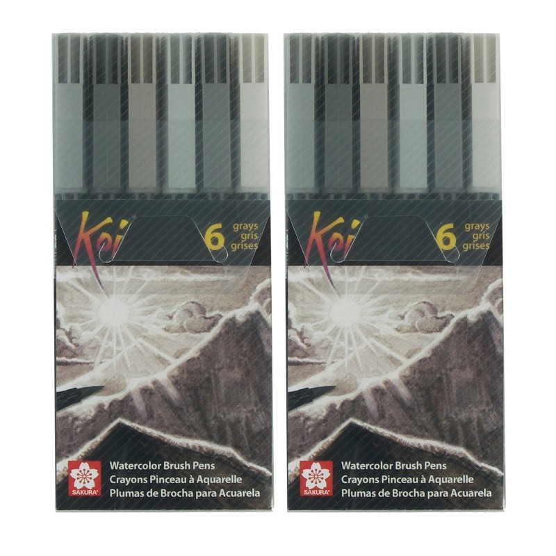 Sakura Koi Watercolor Brush Pens, Assorted Grays, 6 Per Set, 2 Sets