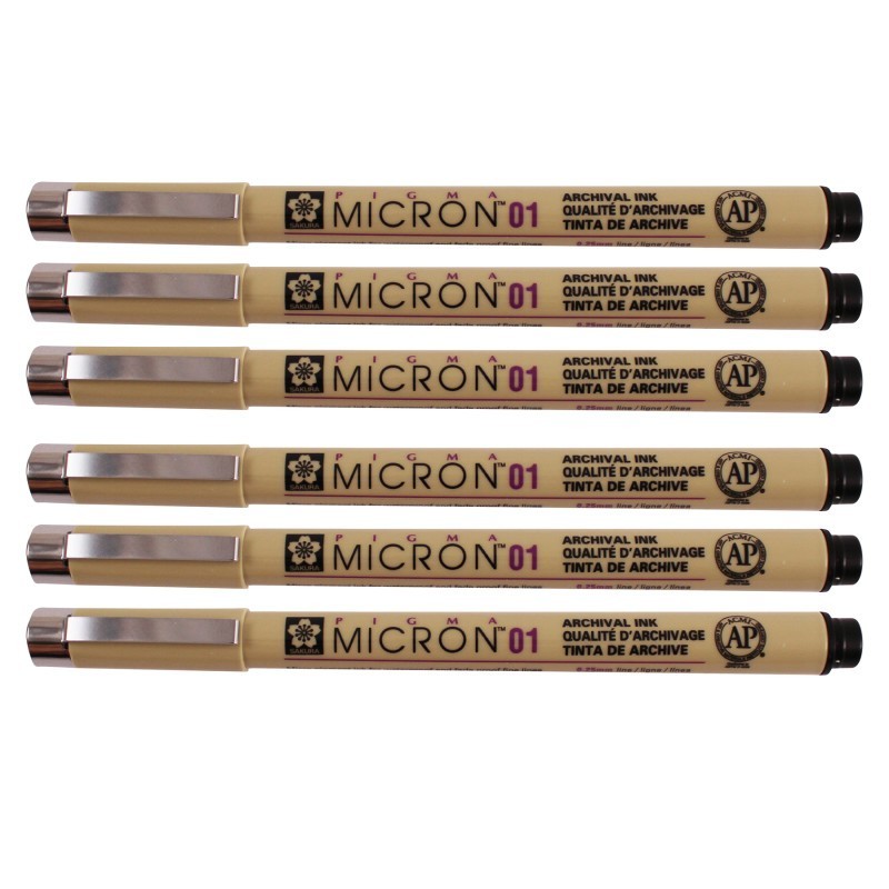 Sakura Pigma Micron Pen, Black, 0.25mm Size 01, Pack of 6