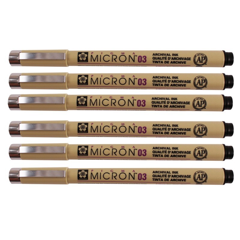 Sakura Pigma Micron Pen, Black, 0.35mm Size 03, Pack of 6