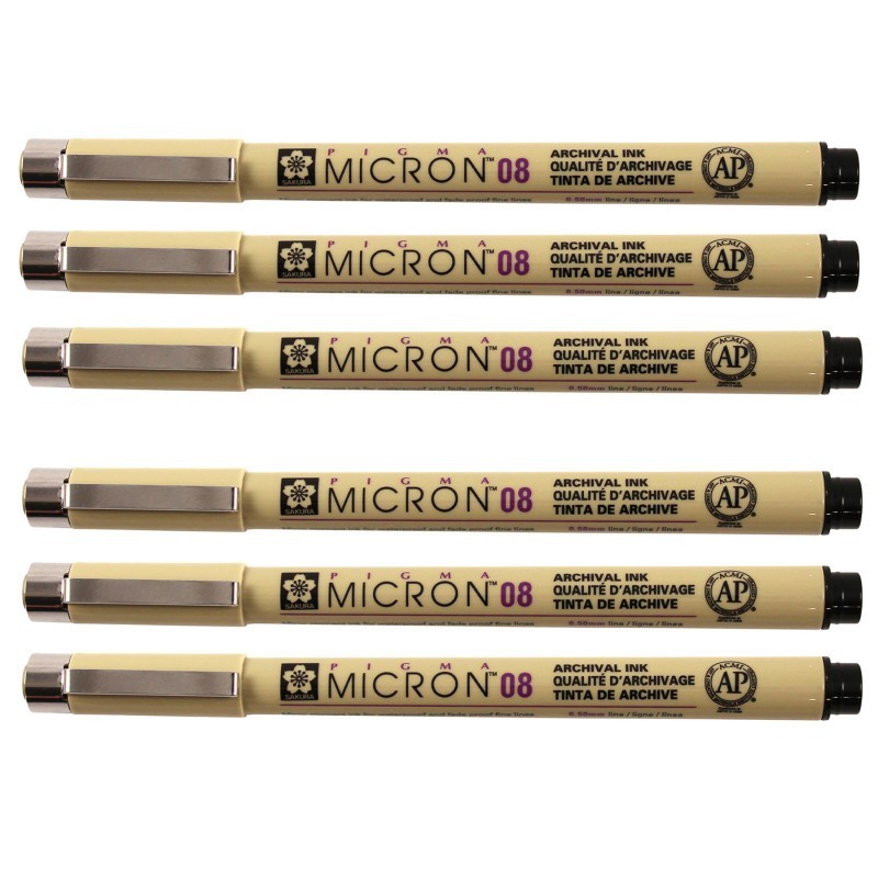 Sakura Pigma Micron Pen, Black, 0.50mm Size 08, Pack of 6