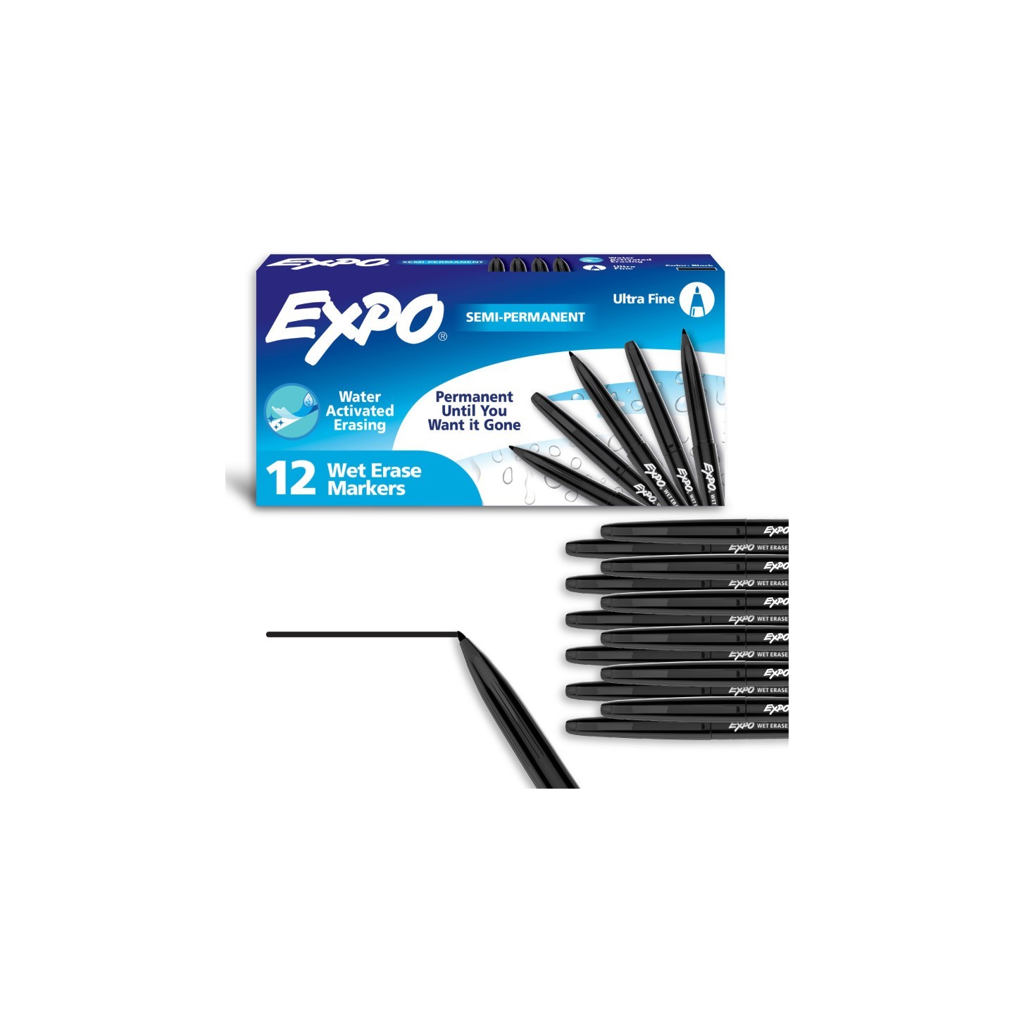 EXPO® Vis-a-Vis® Wet-Erase Markers,  Ultra Fine Tip, Black, Box of 12