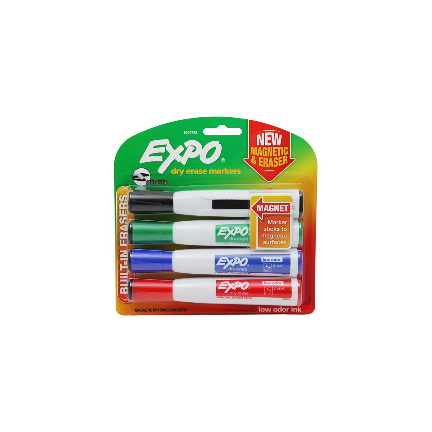 EXPO® Magnetic Dry Erase Markers with Eraser, Chisel Tip, Assorted, 4-Count