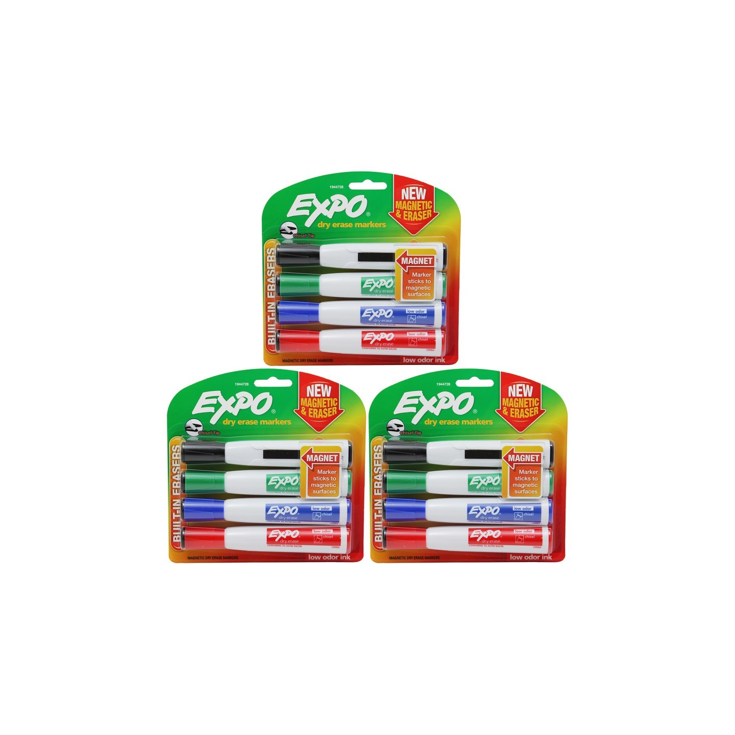 EXPO® Magnetic Dry Erase Markers with Eraser, Chisel Tip, Assorted, 4 Per Pack, 3 Packs