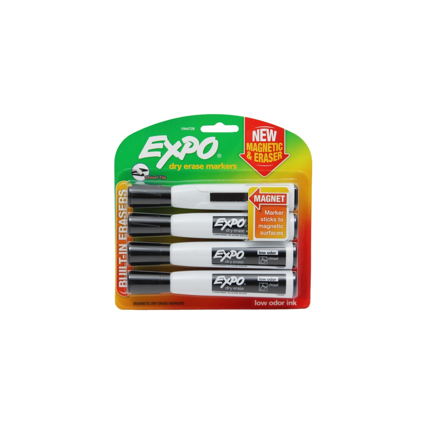 EXPO® Magnetic Dry Erase Markers with Eraser, Chisel Tip, Black, 4-Count