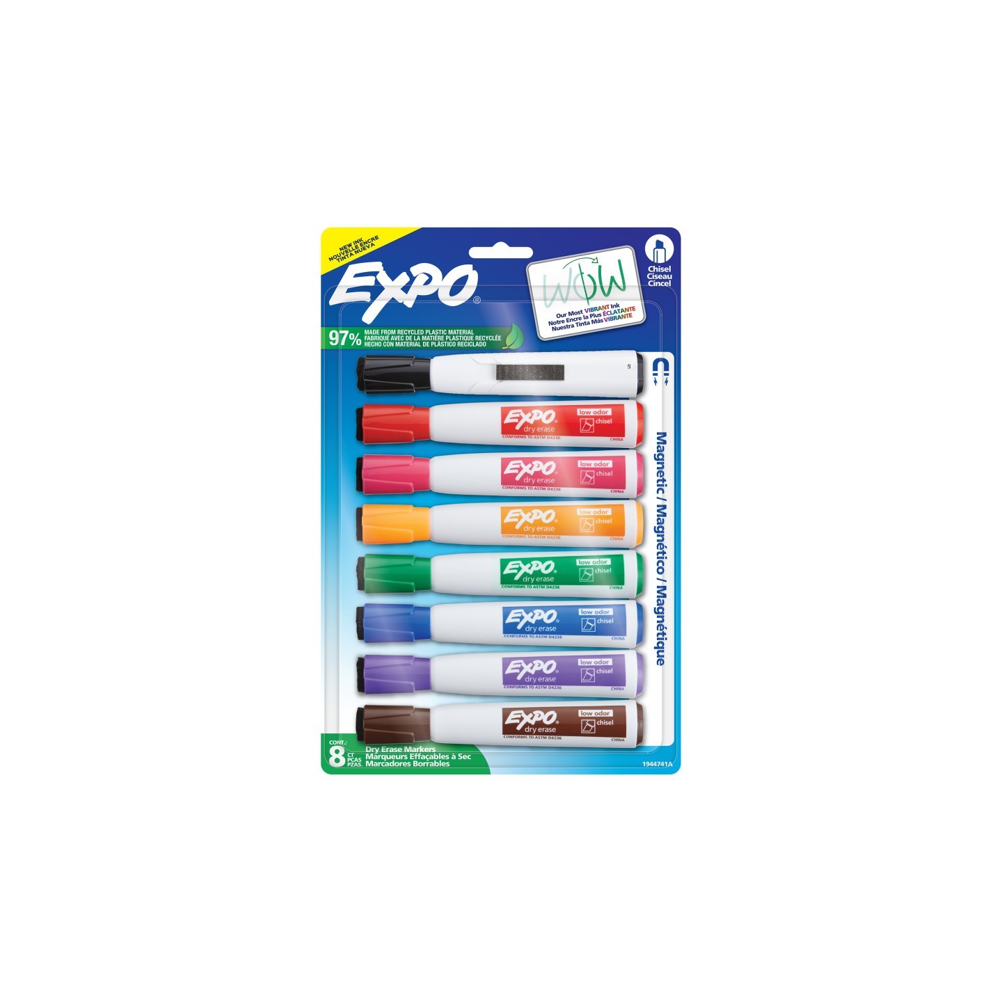 EXPO® Magnetic Dry Erase Markers with Eraser, Chisel Tip, Assorted Colors, 8-Count