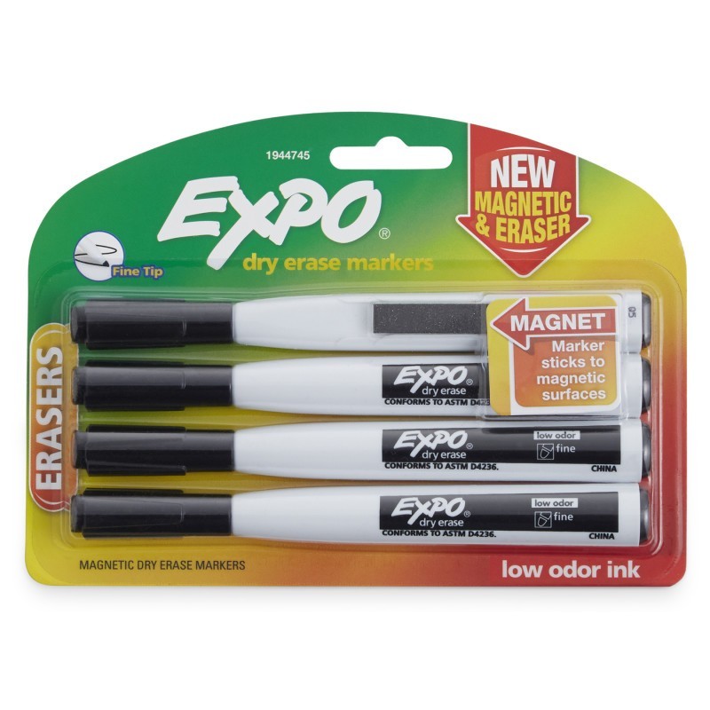 EXPO® Magnetic Dry Erase Markers with Eraser, Fine Tip, Black, 4-Count