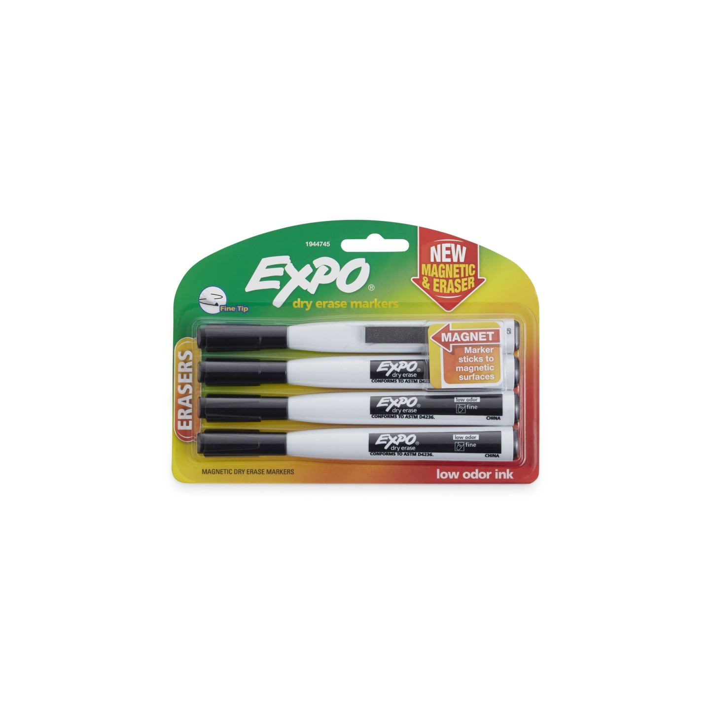 EXPO® Magnetic Dry Erase Markers with Eraser, Fine Tip, Black, 4-Count